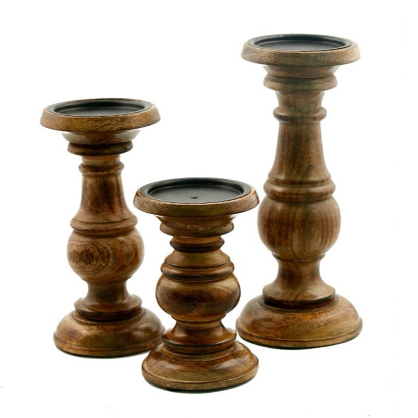 Pillar Shaped Wooden Candle Holder, Set of 3, Brown