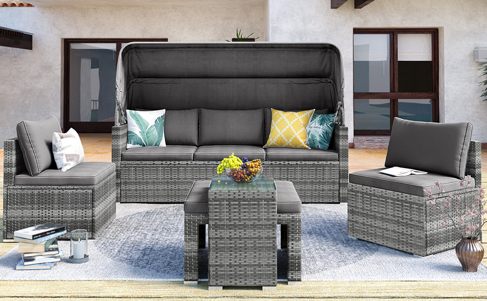 TOPMAX 5 Pieces Outdoor Sectional Patio Rattan Sofa Set Rattan Daybed , PE Wicker Conversation Furniture Set w/ Canopy and Tempered Glass Side Table, Gray