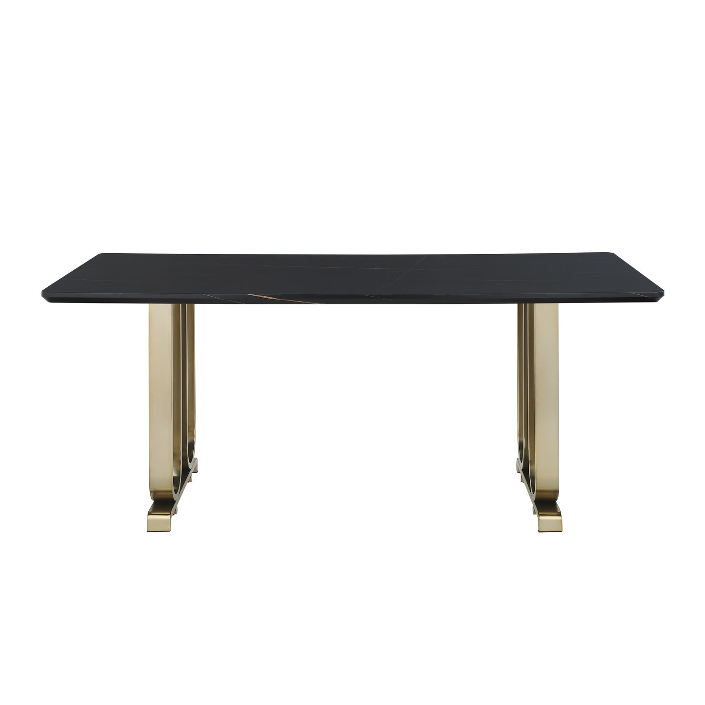 Contemporary Dining Table with Lauren Gold Black Top, Brushed Brass Metal Base, 71" W x 35" D x 30" H, Black+Brushed Brass