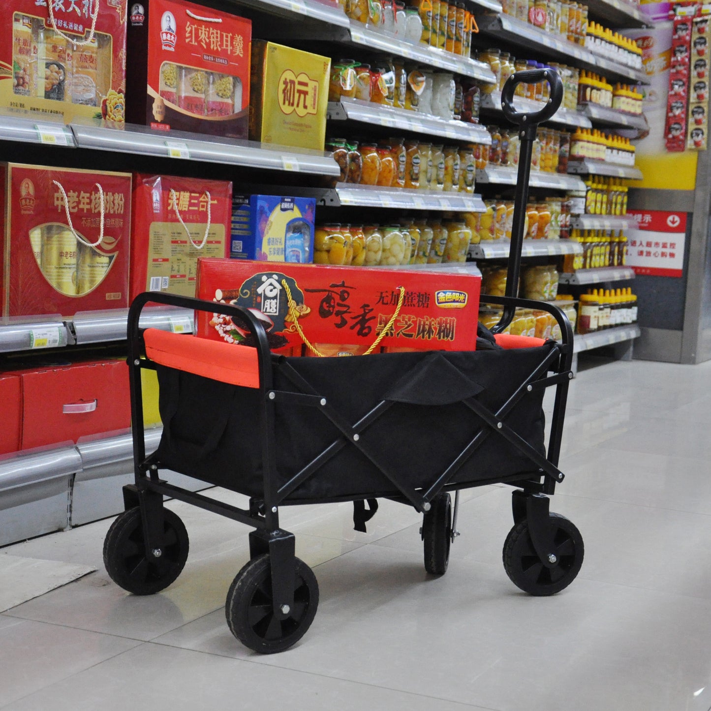 Folding Wagon Garden Shopping Beach Cart （black+yellow）