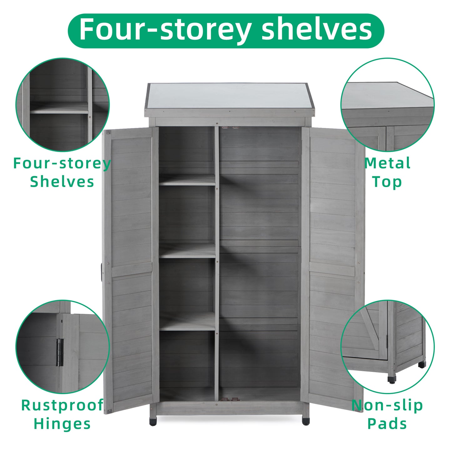 Outdoor Storage Cabinet and Metal Top,Garden Storage Shed,Outdoor 68 Inches Wood Tall Shed for Yard and Patio