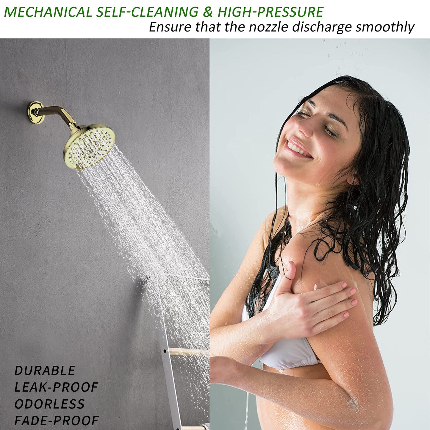 6 Spray Settings High Pressure Shower Head 5" Rain Fixed Showerhead - Gold Adjustable Shower Head with Anti-Clogging Nozzles, Low Flow Easily Installation