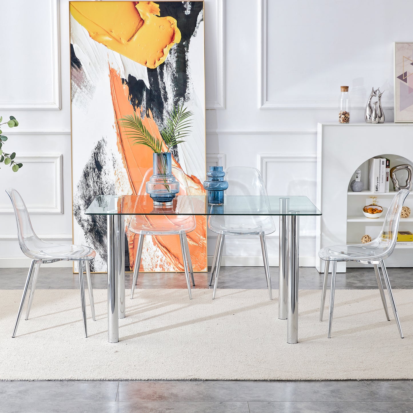 Modern minimalist glass dining table. A transparent tempered glass desktop with a thickness of 0.3 feet and silver metal legs. Suitable for restaurants and living rooms.   51"*31.4"*29.5"