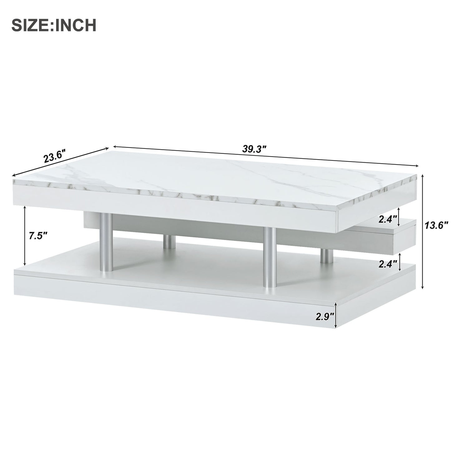 ON-TREND Modern 2-Tier Coffee Table with Silver Metal Legs, Rectangle Cocktail Table with High-gloss UV Surface, Minimalist Design Center Table for Living Room, White