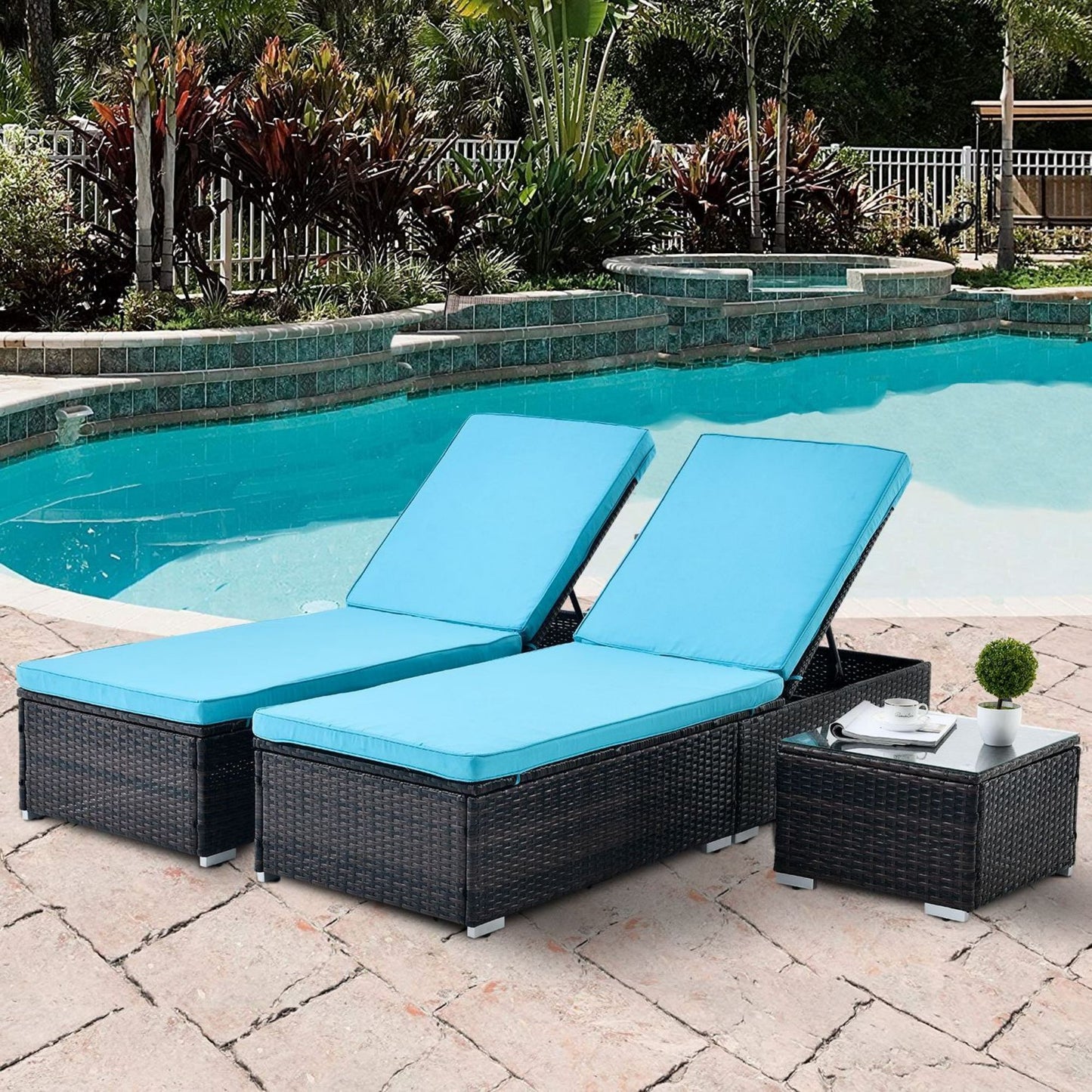 Brown 3-Piece Wicker Outdoor Chaise Lounge Set with Blue Cushions, End Table