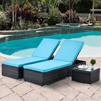 Brown 3-Piece Wicker Outdoor Chaise Lounge Set with Blue Cushions, End Table