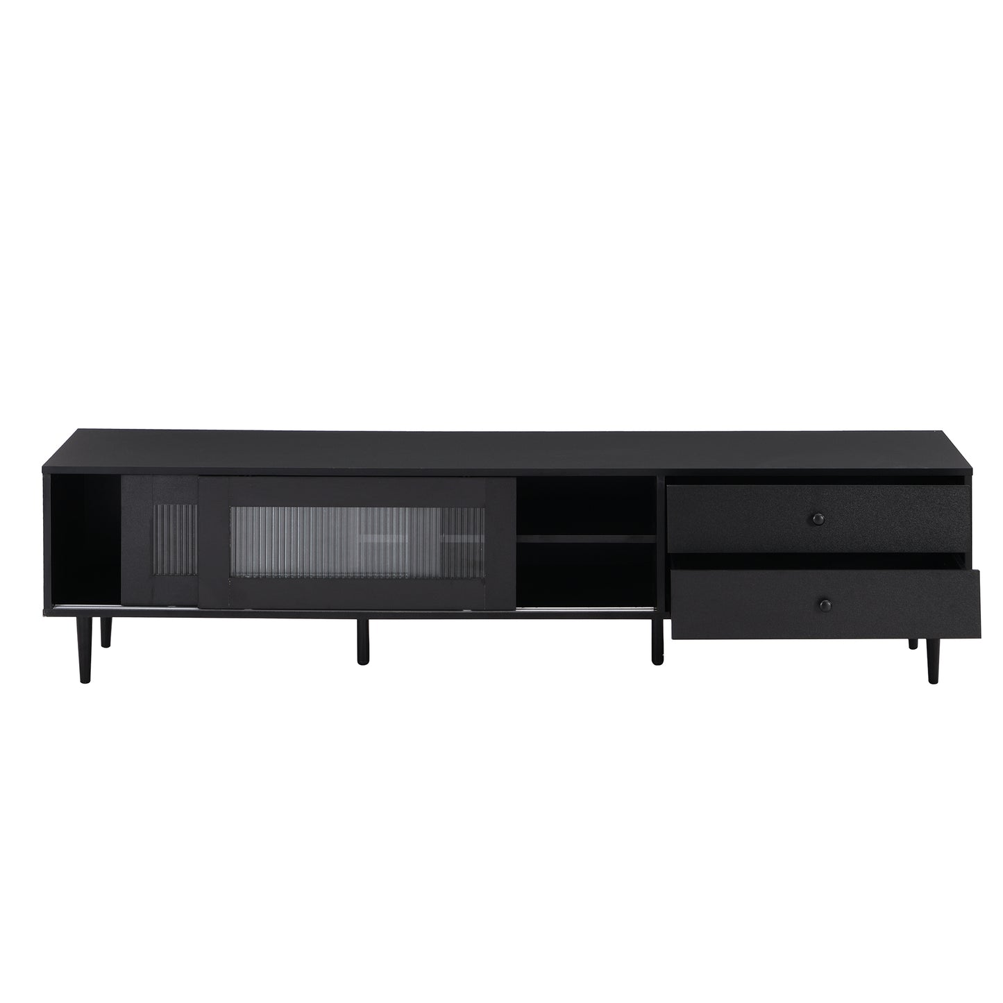 ON-TREND Chic Elegant Design TV Stand with Sliding Fluted Glass Doors, Slanted Drawers Media Console for TVs Up to 75", Modern TV Cabinet with Ample Storage Space, Black