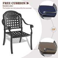 7-Piece Set Of Cast Aluminum Patio Furniture  With Black Frame and  Seat Cushions In Random Colors