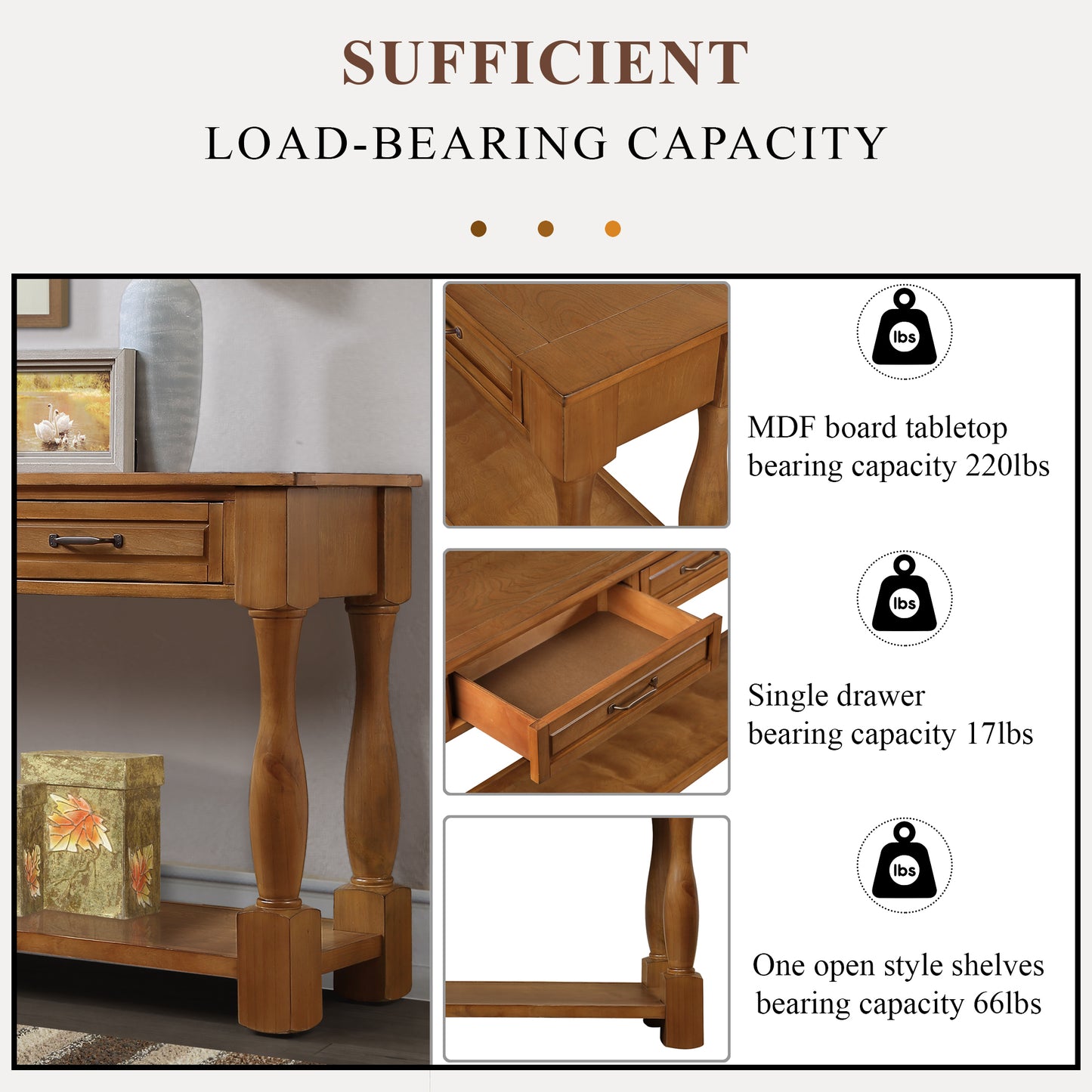 63inch Long Wood Console Table with 3 Drawers and 1 Bottom Shelf for Entryway Hallway Easy Assembly Extra-thick Sofa Table( Brown)