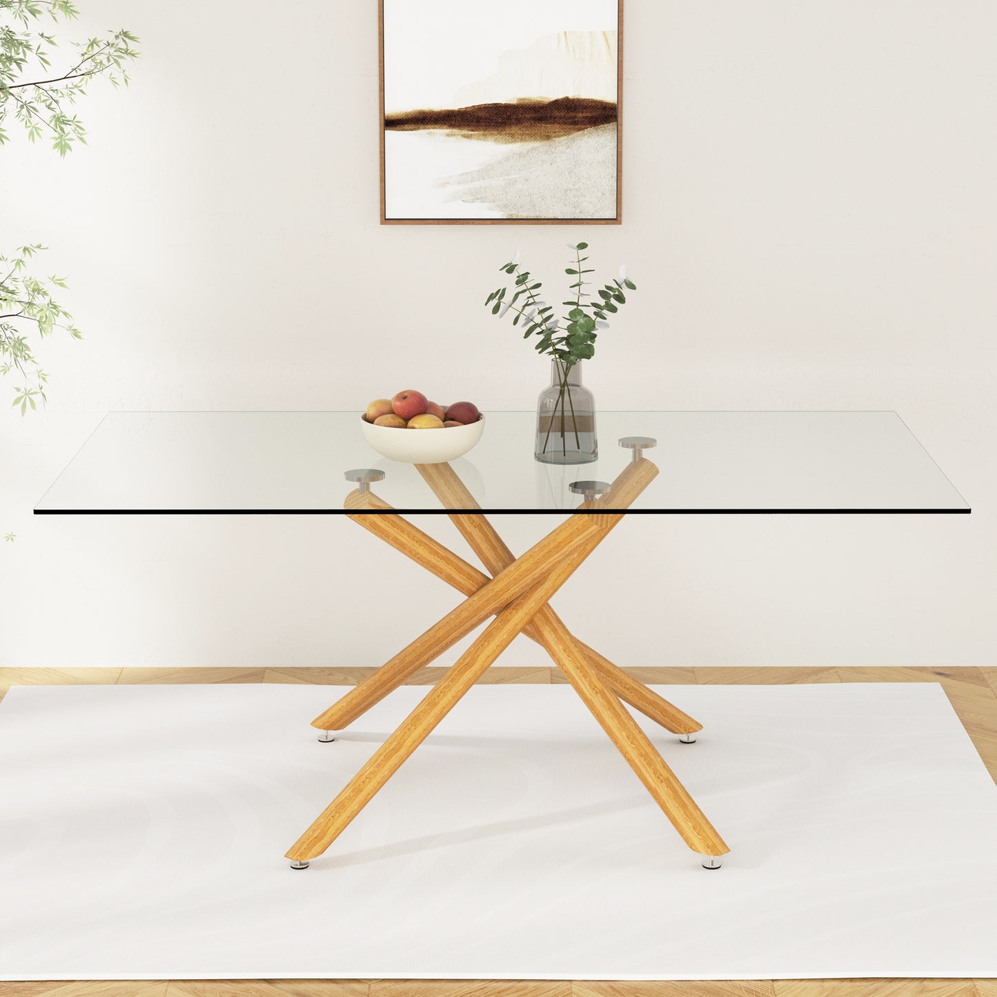 Large Modern Minimalist Rectangular Glass Dining Table for 6-8 with 0.39" Tempered Glass Tabletop and Wood color Metal Legs, for Kitchen Dining Living Meeting Room Banquet hall, 71" W x 39" D x 301537