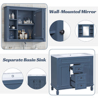 36'' Bathroom Vanity with Top Sink, Royal Blue Mirror Cabinet, Modern Bathroom Storage Cabinet with 2 Soft Closing Doors and 2 Drawers, Single Sink Bathroom Vanity