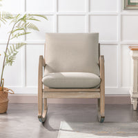 Solid Wood Rocking Chair Nursery Chair, Linen Fabric Upholstered Comfy Accent Chair for Porch, Garden Patio, Balcony, Living Room and Bedroom, Beige