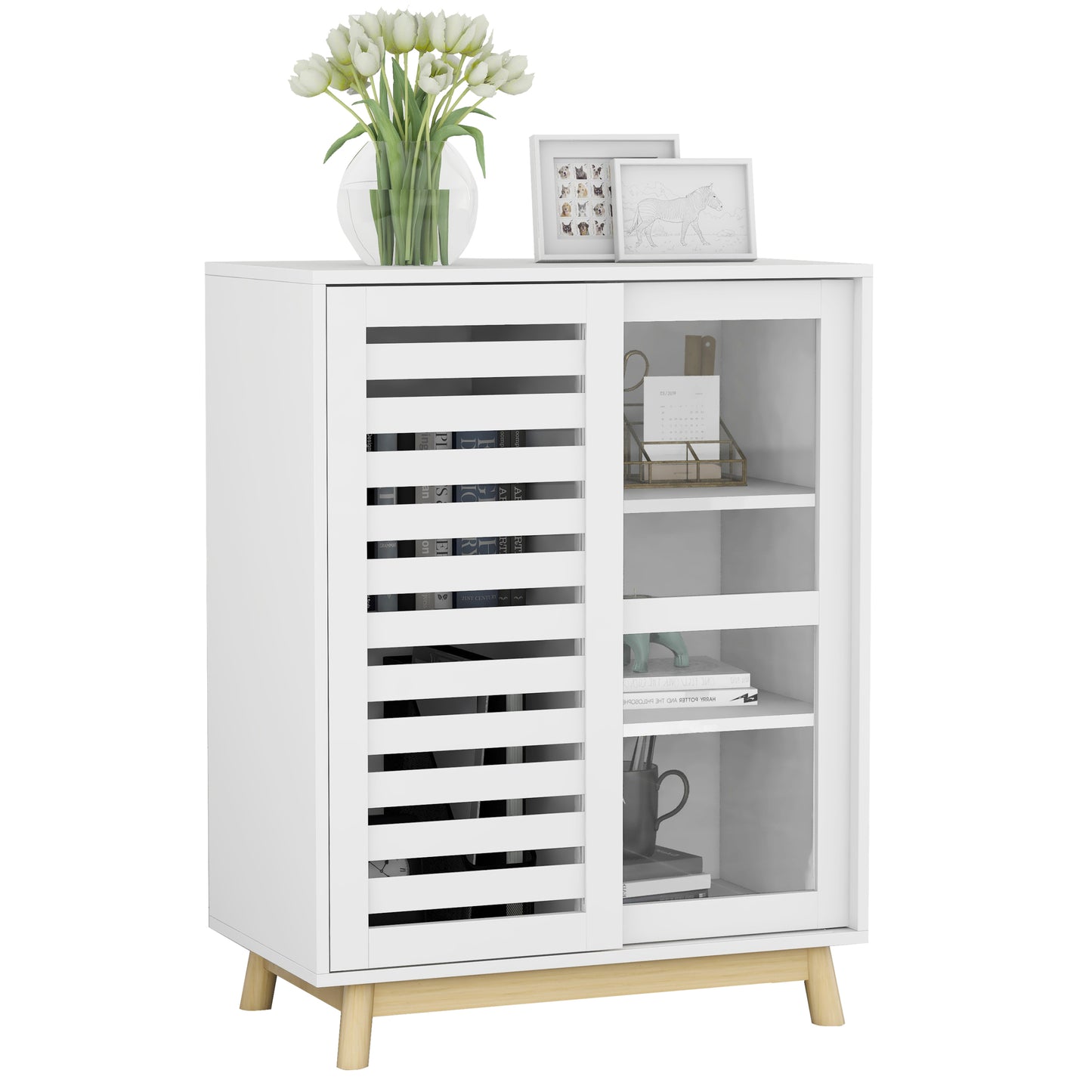 Asymmetric sliding door cabinet