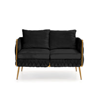 2 Pieces of Loveseat Set Modern Living Room Furniture Set Sofa Couch with Dutch Velvet, Golden Metal Legs And Handmade Woven Back, Black Velvet