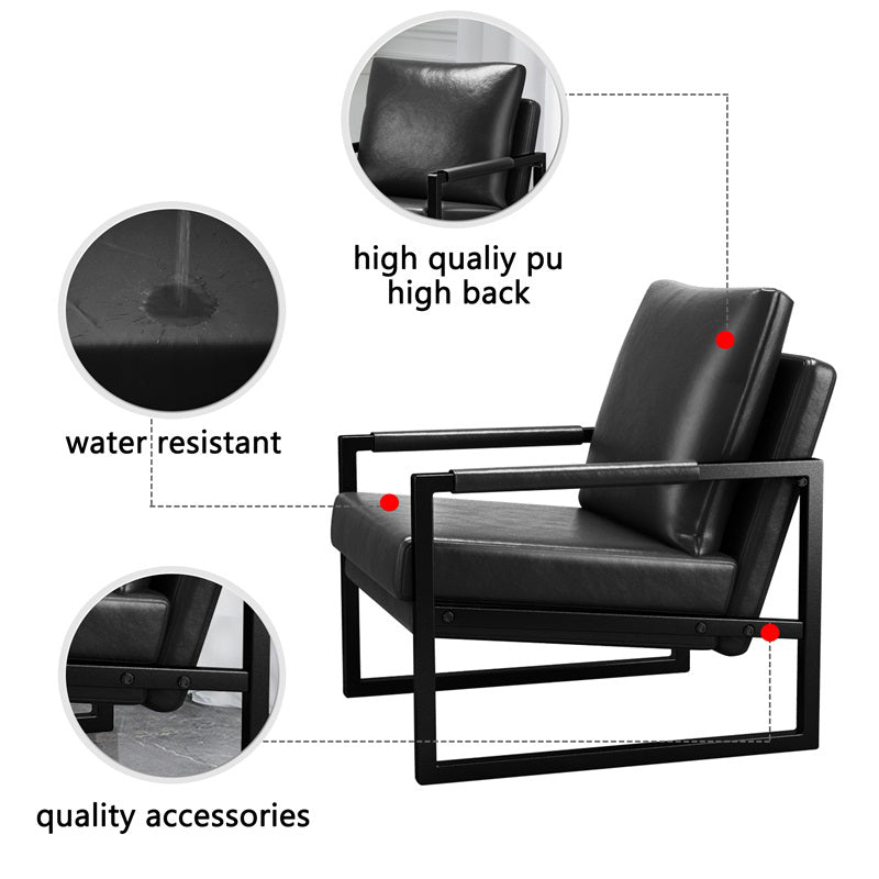 PU Leather Accent Arm Chair Mid Century Upholstered Armchair with Metal Frame Extra-Thick Padded Backrest and Seat Cushion Sofa Chairs for Living Room ( Black PU Leather + Metal Frame + Foam)SF-008