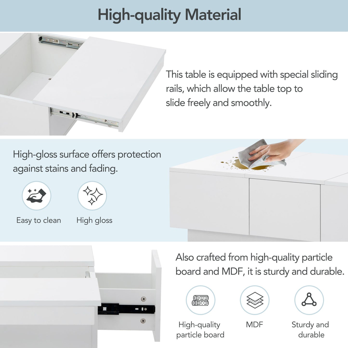 ON-TREND Multifunctional Coffee Table with 2 large Hidden Storage Compartment, Extendable Cocktail Table with 2 Drawers, High-gloss Center Table with Sliding Top for Living Room, 39.3"x21.6", White