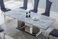 Modern Rectangular Marble Dining Table, 0.71" Thick Marble Top, Double Pedestal Pillar Stainless Steel Base with Silver Mirrored Finish, Size:87"Lx41"Dx30"H(Not Including Chairs)