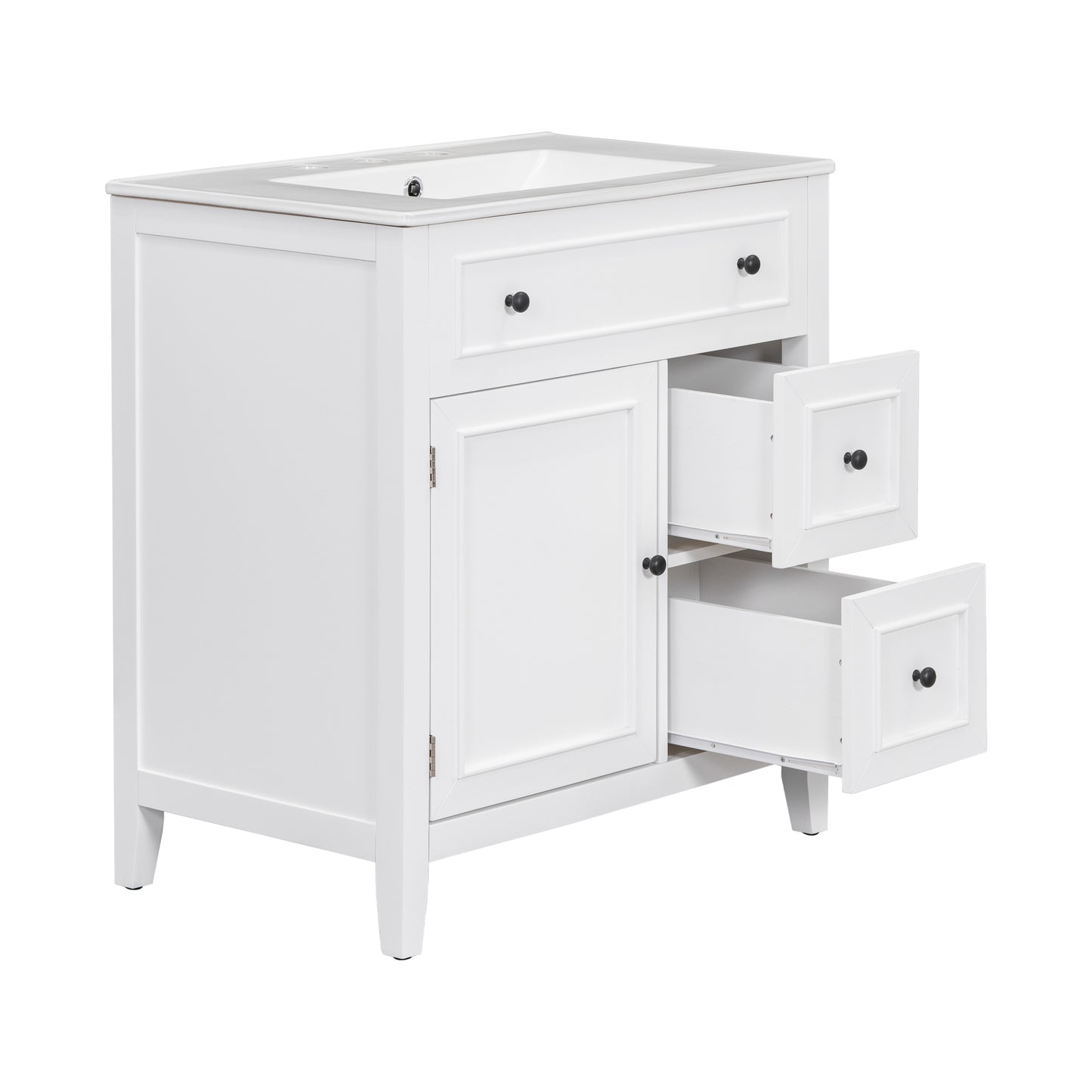 30" Bathroom Vanity with Sink Top, Bathroom Vanity Cabinet with Door and Two Drawers, Solid Wood Frame, One Package, White