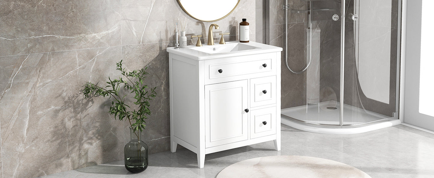 30" Bathroom Vanity with Sink Top, Bathroom Vanity Cabinet with Door and Two Drawers, Solid Wood Frame, One Package, White