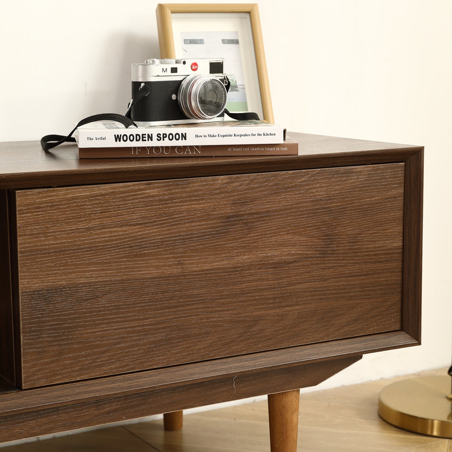 Modern 63 Inch TV Cabinet with Black Walnut Finish and Solid Wood Legs