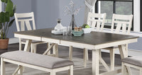 Dining Room Furniture 6pc Dining Set Table w Leaf And 4x Side Chairs 1x Bench Gray Fabric Cushion Seat White Clean Lines Wooden Table Top