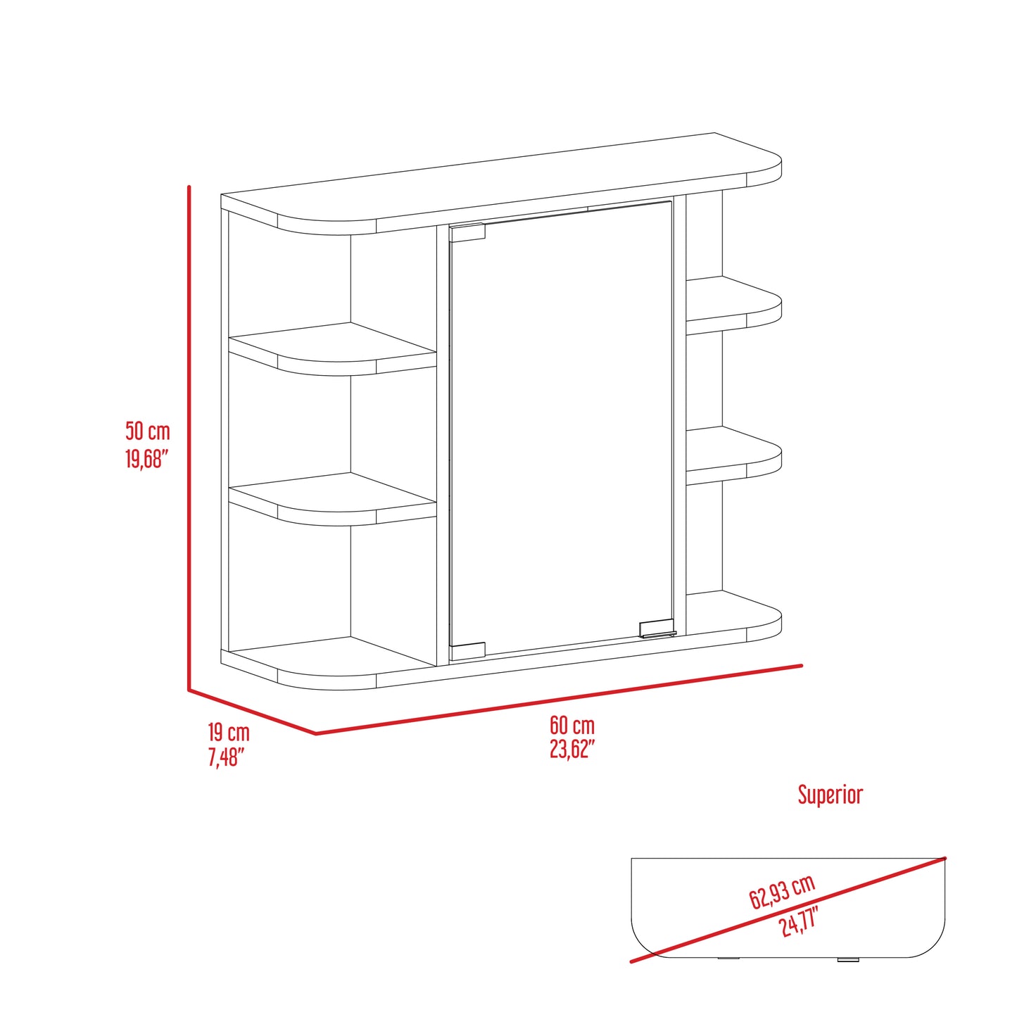 Milan Medicine Cabinet, Six External Shelves Mirror, Three Internal Shelves -Black