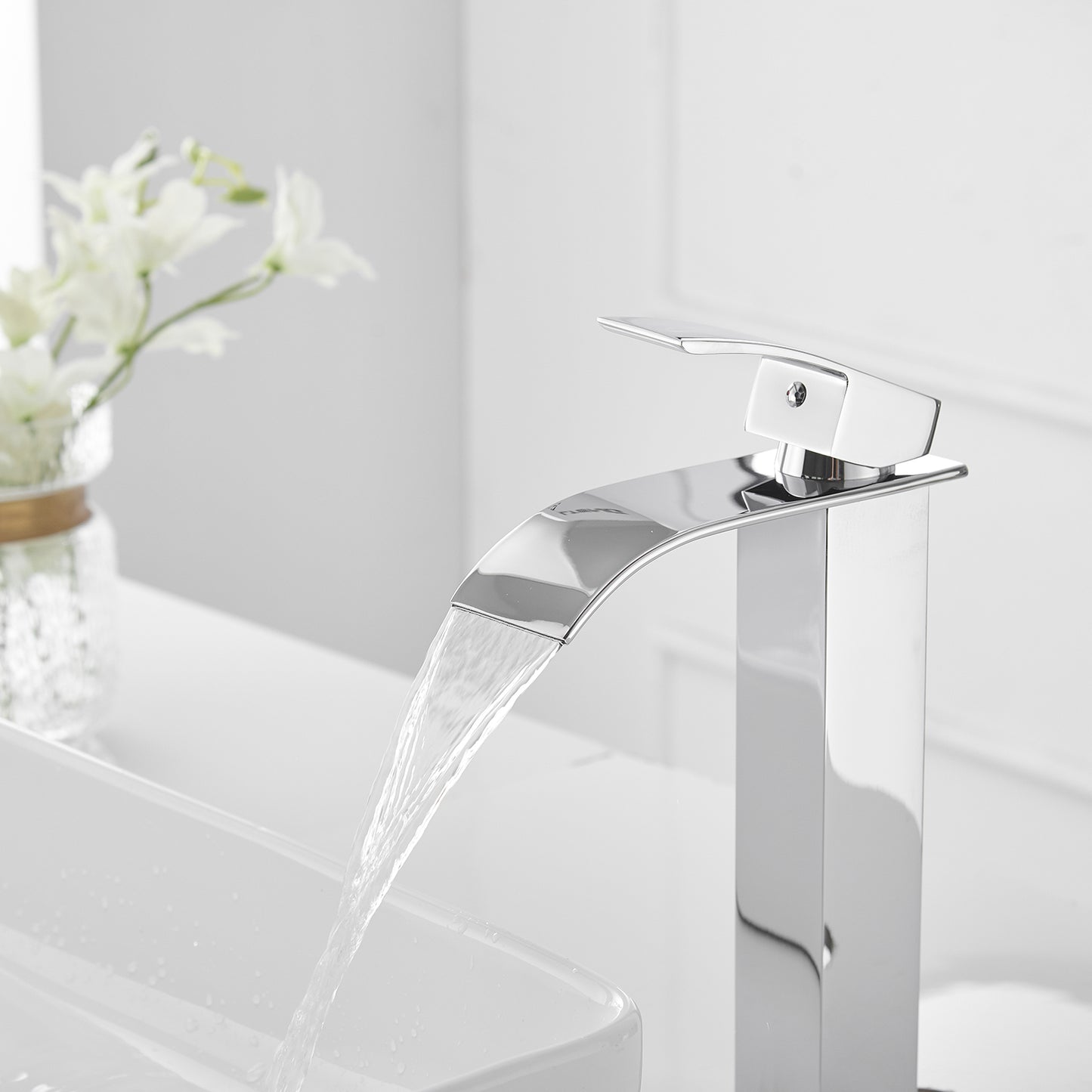 Waterfall Single Hole Single Handle Bathroom Vessel Sink Faucet With Pop-up Drain Assembly in Polished Chrome