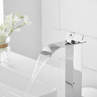 Waterfall Single Hole Single Handle Bathroom Vessel Sink Faucet With Pop-up Drain Assembly in Polished Chrome