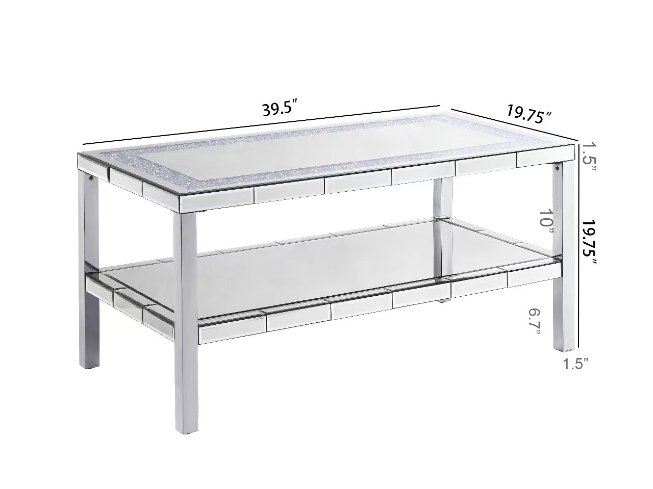 W 39" X D 19.5"X H 19.5" 2-layer crystal mirror stainless steel frame coffee table for use in offices, shops, living rooms, or bedrooms