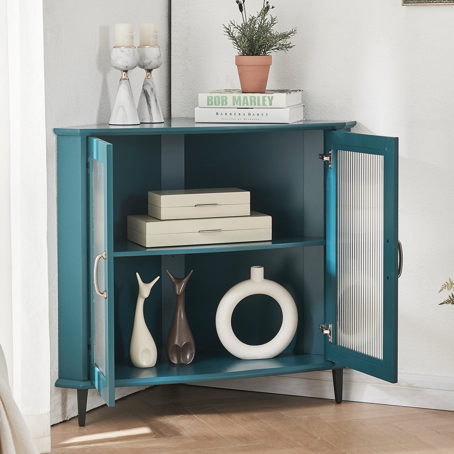 Corner Cabinet, Corner Night Stand, Free-Standing Storage Shelf Organizer(Teal Blue)