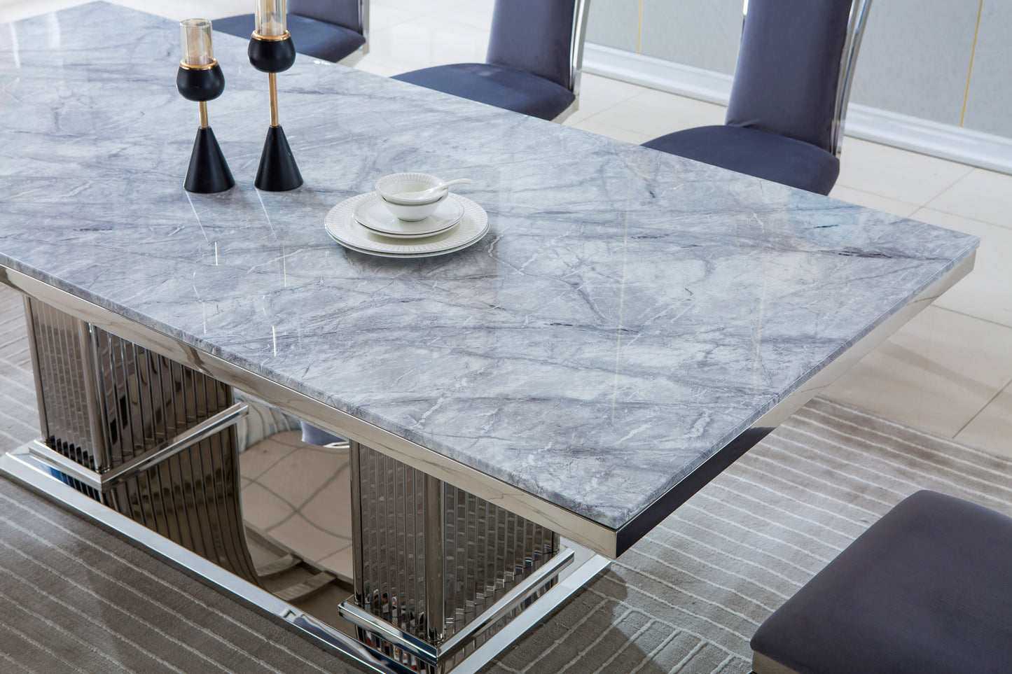 Modern Rectangular Marble Dining Table, 0.71" Thick Marble Top, Double Pedestal Pillar Stainless Steel Base with Silver Mirrored Finish, Size:87"Lx41"Dx30"H(Not Including Chairs)