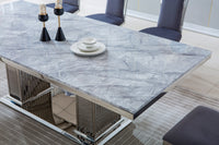 Modern Rectangular Marble Dining Table, 0.71" Thick Marble Top, Double Pedestal Pillar Stainless Steel Base with Silver Mirrored Finish, Size:87"Lx41"Dx30"H(Not Including Chairs)