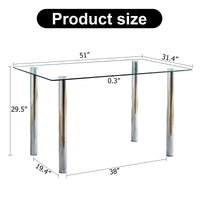 Modern minimalist glass dining table. A transparent tempered glass desktop with a thickness of 0.3 feet and silver metal legs. Suitable for restaurants and living rooms.   51"*31.4"*29.5"