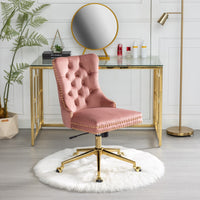 A&A Furniture Office Chair,Velvet Upholstered Tufted Button Home Office Chair with Golden Metal Base,Adjustable Desk Chair Swivel Office Chair (Pink)