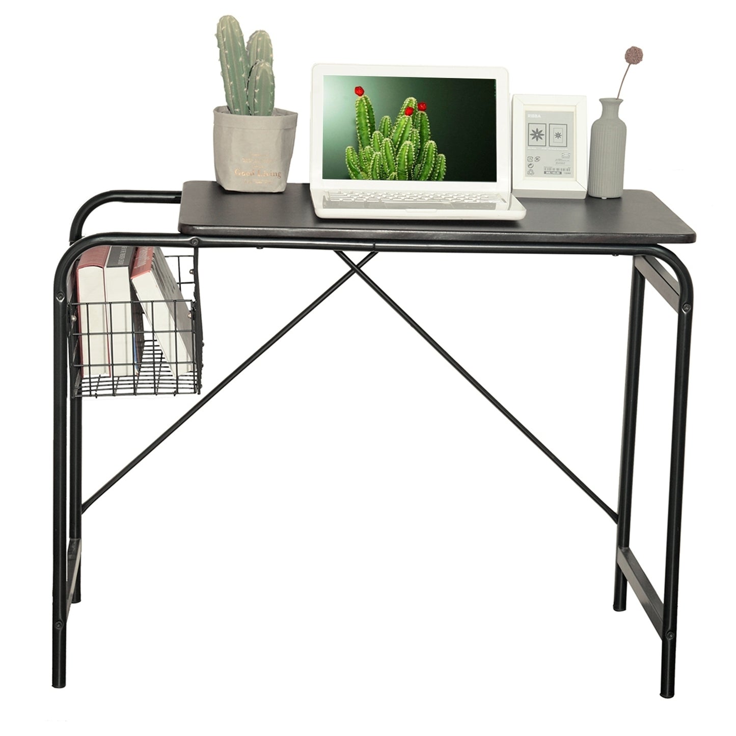 31.5" Computer Desk/ Home office desk With Wire Storage Basket - walnut & black