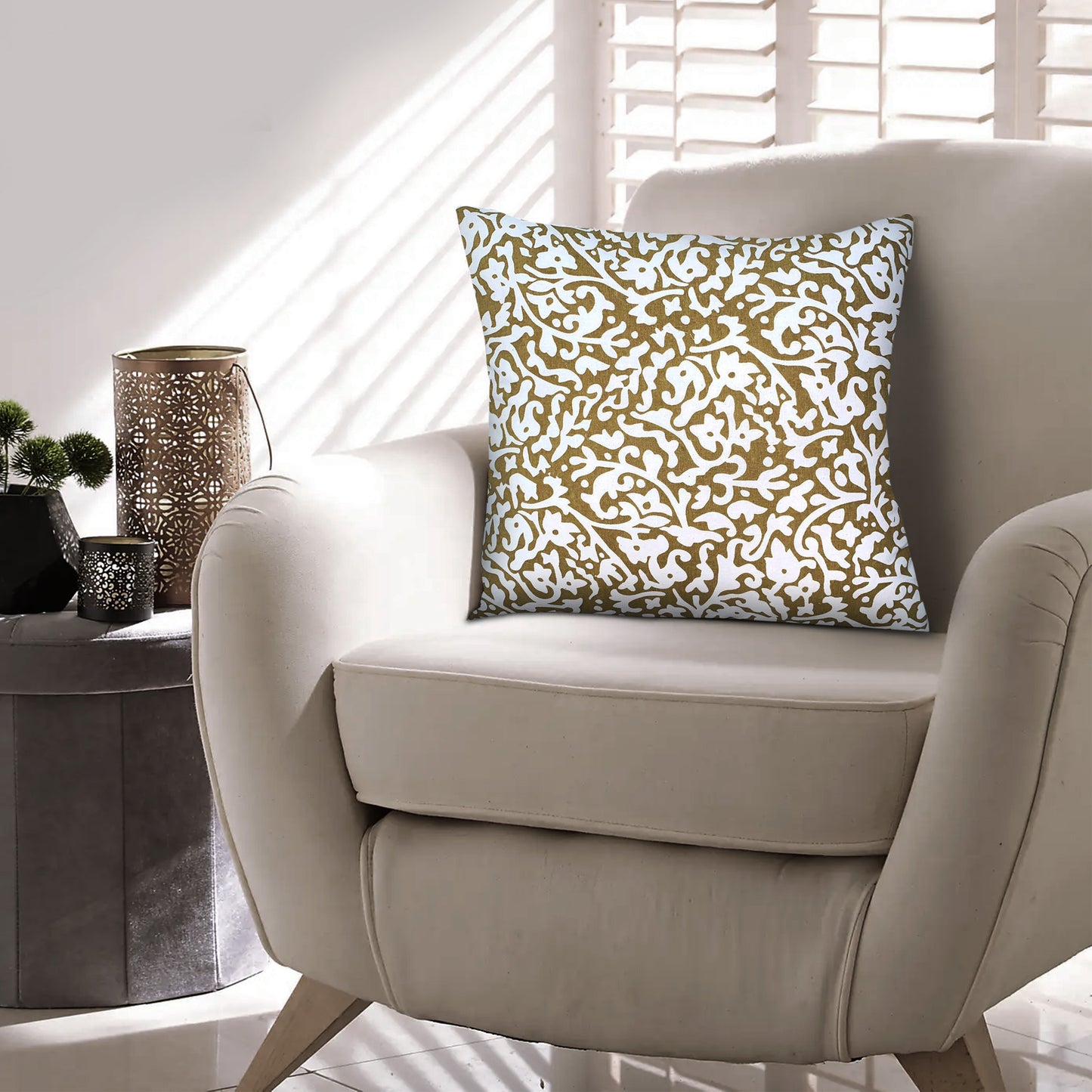 18 x 18 Handcrafted Cotton Square Accent Throw Pillow, Elegant Filigree Pattern, White and Gold