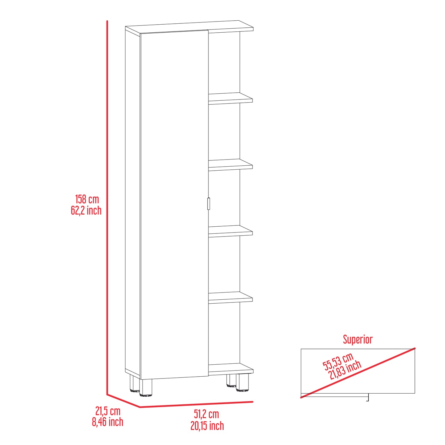 Corner Cabinet Womppi, Five Open Shelves, Single Door, White Finish