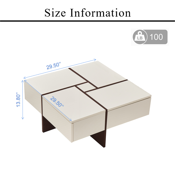 Victoria Collection Modern Style High Gloss & Veneer Finished Living Room Square Coffee Table with 4 Drawers - White & Walnut, Particle Board