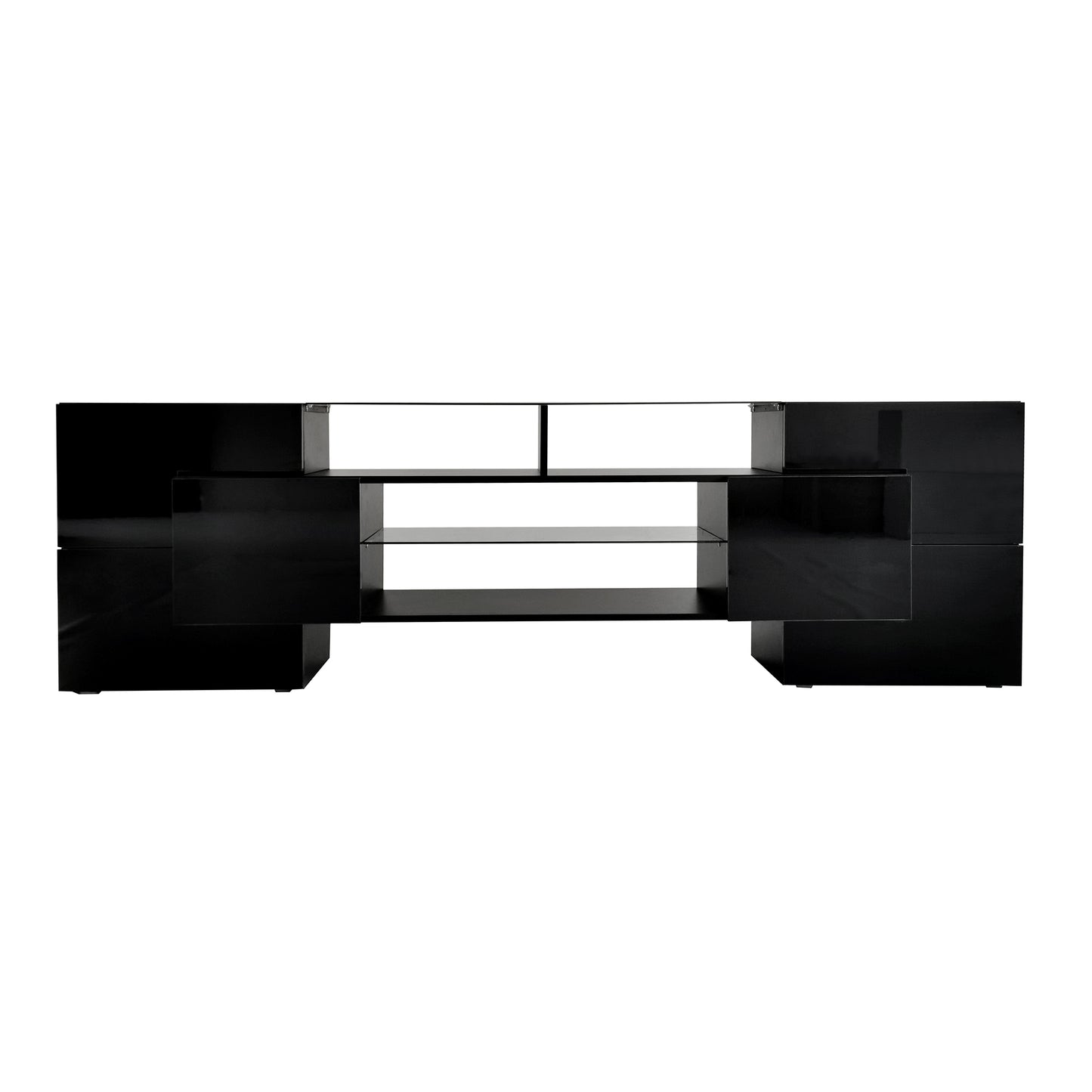 ON-TREND Unique Shape TV Stand with 2 Illuminated Glass Shelves, High Gloss Entertainment Center for TVs Up to 80", Versatile TV Cabinet with LED Color Changing Lights for Living Room, Black