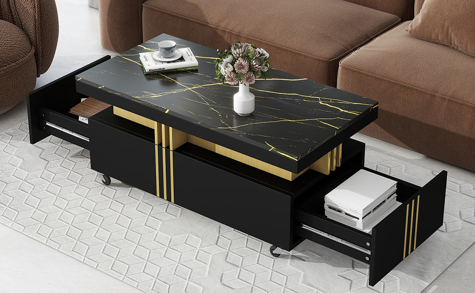 ON-TREND Contemporary Coffee Table with Faux Marble Top, Rectangle Cocktail Table with Caster Wheels, Moderate Luxury Center Table with Gold Metal Bars for Living Room, Black