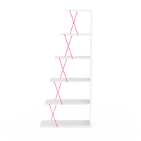 Furnish Home Store Modern 5 Tier Ladder Bookshelf Organizers, Narrow Bookshelf for Small Spaces Office Furniture Bookcase ,White/Pink