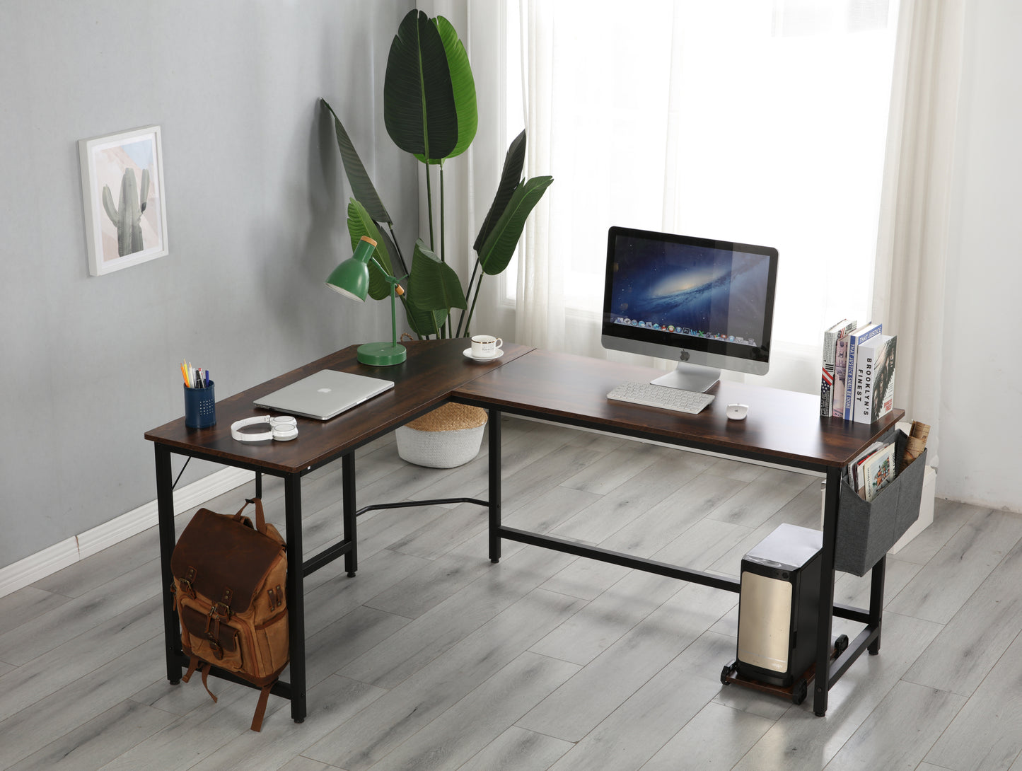 Modern Design L-Shaped Desk Corner Computer Desk PC laptop Computer Table Study Desk Home Office Wood & Metal Pella oak（包含机箱托，书包挂钩，布抽收纳袋）