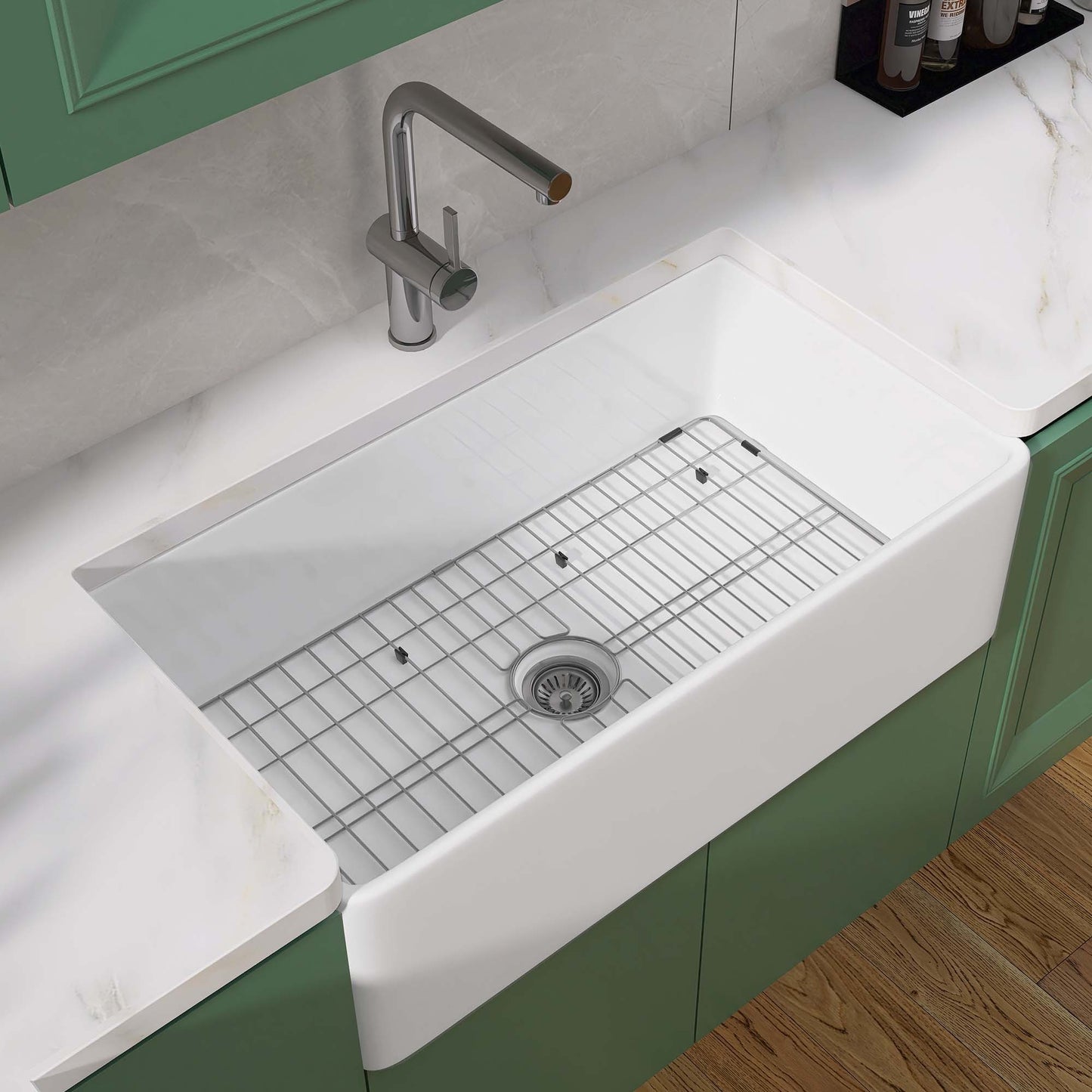 33  Inch Fireclay Farmhouse Kitchen Sink White Single Bowl Apron Front Kitchen Sink, Bottom Grid and Kitchen Sink Drain Included