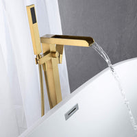 Bathroom Freestanding Waterfall Tub filler Brushed Gold Floor Mount Faucet with Hand Shower