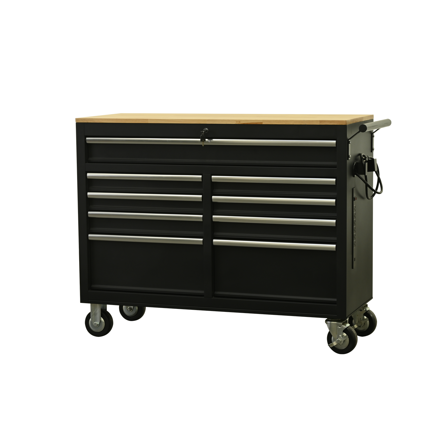 Premium 46-Inch Rolling Tool Chest with Wooden Top and 9 Drawers - 1500 lbs Load Capacity, Casters, Handle, Power Strip, Locking System - Perfect Mobile Storage Cabinet for Your Tools and Equipment.