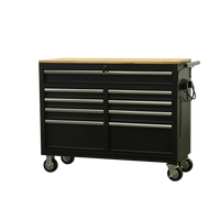 Premium 46-Inch Rolling Tool Chest with Wooden Top and 9 Drawers - 1500 lbs Load Capacity, Casters, Handle, Power Strip, Locking System - Perfect Mobile Storage Cabinet for Your Tools and Equipment.