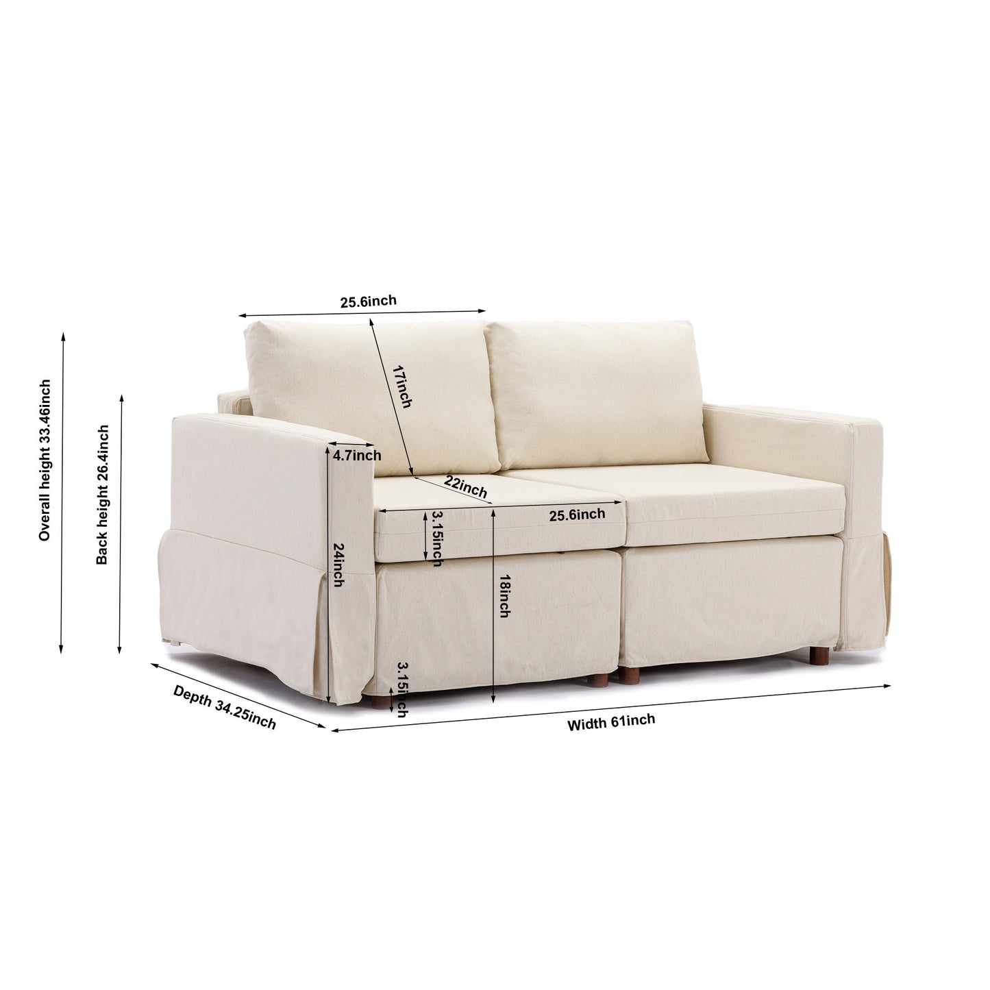 2 Seat Module Sectional Sofa Couch With 1 Ottoman,Seat Cushion and Back Cushion Removable and Washable,Cream