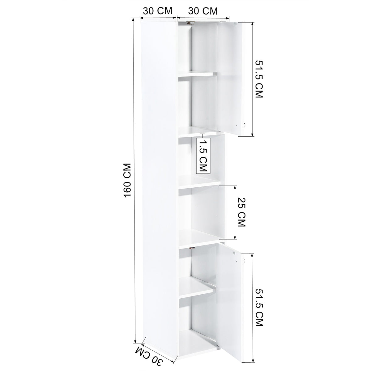 White Bathroom Storage Cabinet with Shelf Narrow Corner Organizer Floor Standing (H63 6 Shelves 2 Door)