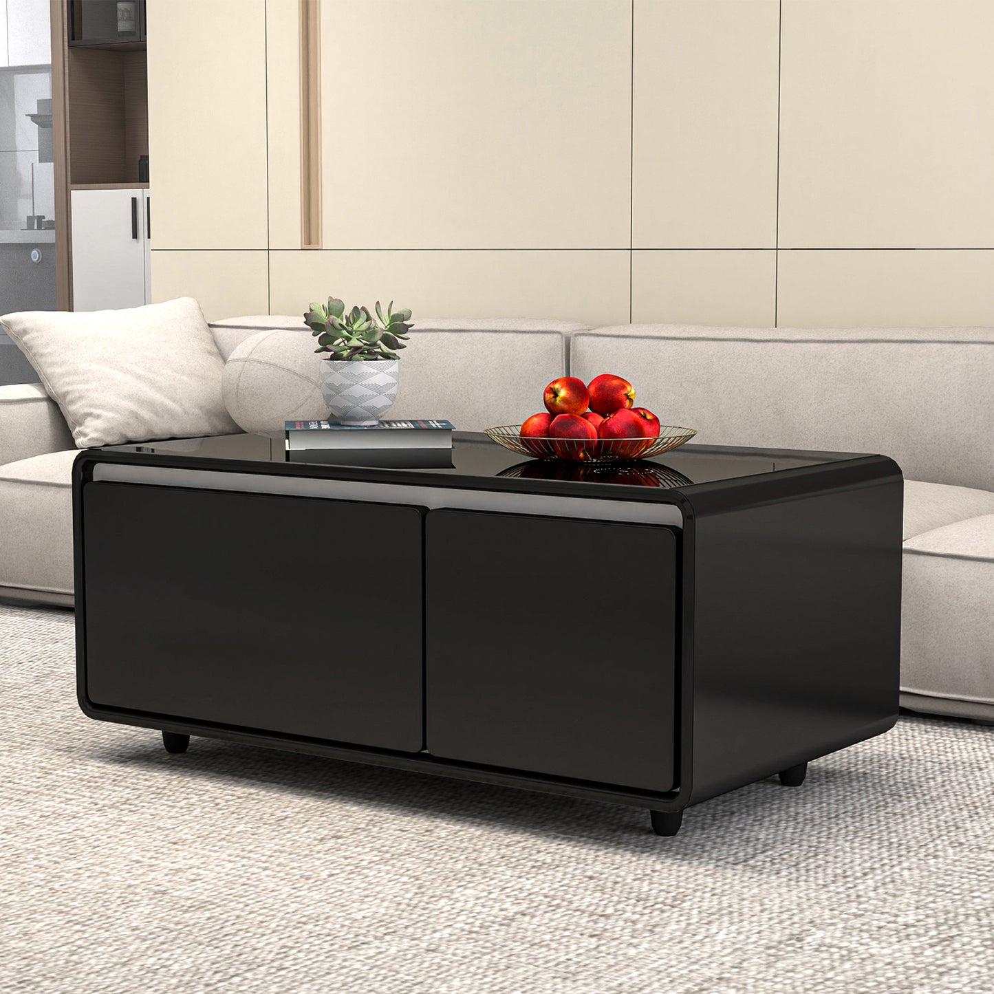 Modern Smart Coffee Table with Built-in Fridge, Wireless Charging, Power Socket, USB Interface, Outlet Protection, Mechanical Temperature Control and Ice Water Interface, Black