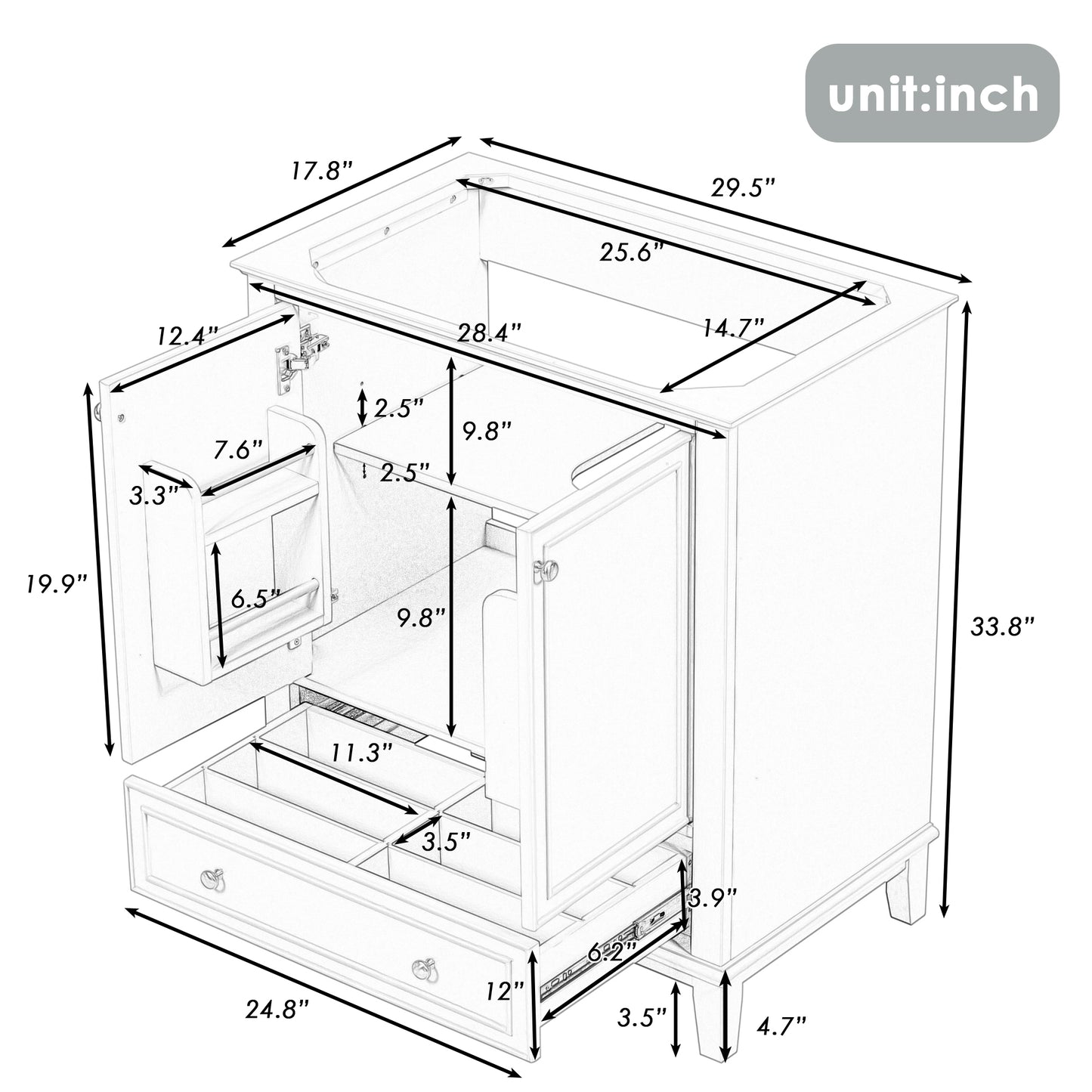 30" Bathroom Vanity without Sink, Base Only, Multi-functional Bathroom Cabinet with Doors and Drawer, Solid Frame and MDF Board, White